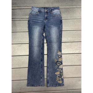 Flamingals Jeans Womens Small Blue Embroidered Floral Boho